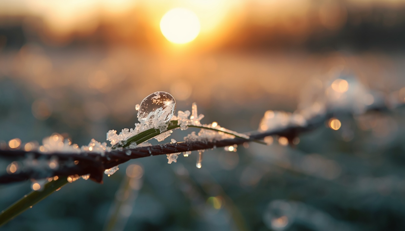 Escarcha y una gota helada sobre el alambrado al amanecer